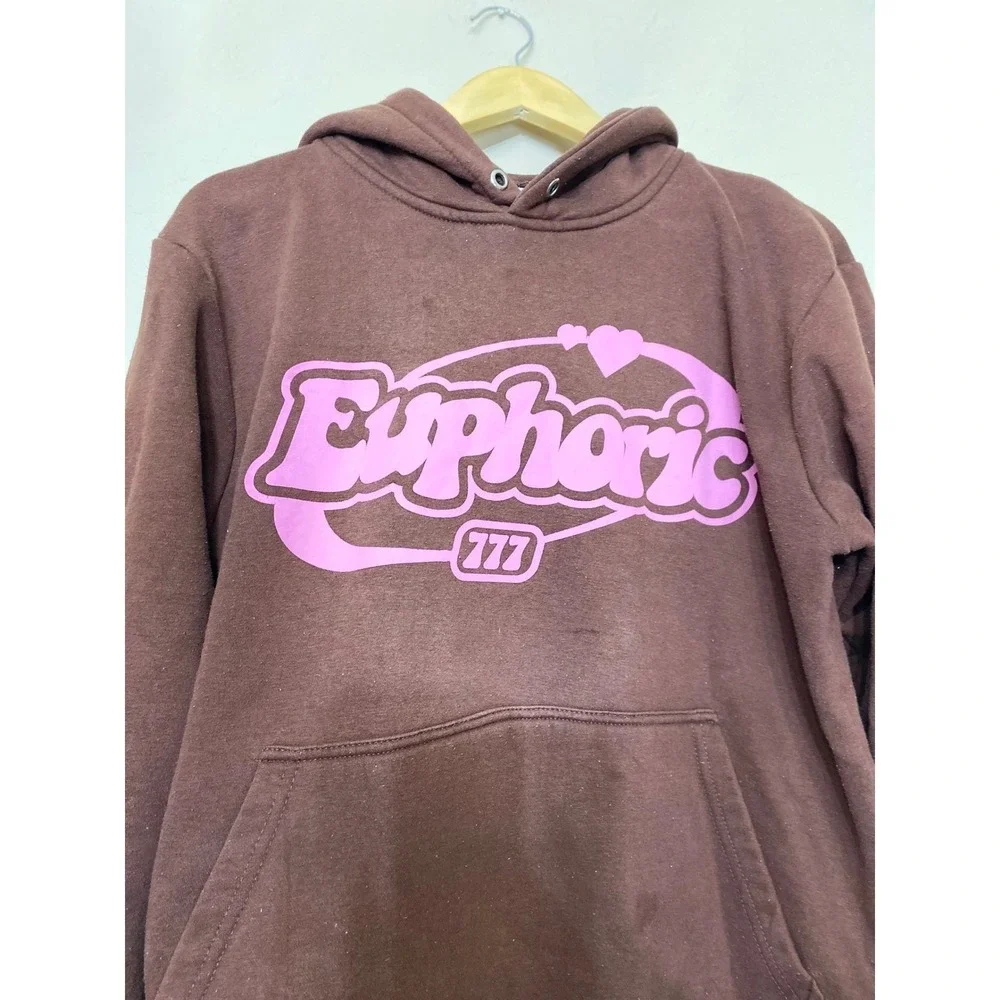 Euphoric 777‎ Brown Hoodie Are You Really Happy Graphic Sweatshirt Mens Medium